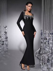 OEM Factory bendaggio personalizzato <span class=keywords><strong>nero</strong></span> di alta qualità abiti da cerimonia glamour donna <span class=keywords><strong>abito</strong></span> da sera <span class=keywords><strong>lungo</strong></span> aderente - Product Image 4