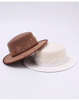 Chapeau en feutre de laine pour femme, élégance Hepburn, style rétro japonais, imprimé dentelle française, dessus plat, automne-hiver, polyvalent, pour cérémonie