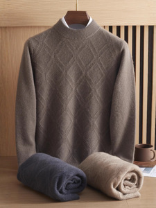 Pull en laine pour homme à col rond, motif losanges, épais et chaud, décontracté, tricoté, idéal comme sous-pull, personnalisation et vente en gros usine - Product Image 5