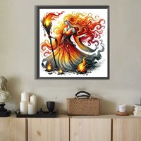 Kit de Peinture Diamant 5D DIY à Perçage Rond, Sorcière Mystique au Feu avec Bâton Flammant, Art Mural Fantastique à Perçage Complet pour Décoration Intérieure