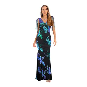 2022 Latest Fashion Tassels Sequins Printing V-Neck Open Back Long Party Women Evening Dresses