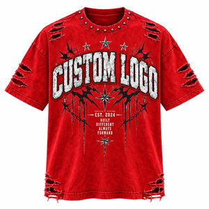 T-shirt rouge surdimensionné avec logo personnalisé, style punk, imprimé floqué déchiré, manches courtes, col rond, streetwear, effet vieilli - Product Image 1