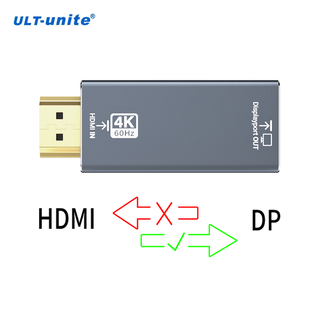 ULT-unite HDMI to DP Adapter Aluminum Alloy Uni-Directional 4K 60Hz HDMI Source to DP Monitor Male to Female Converter