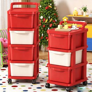 Chariot de rangement multi-niveaux à roulettes Shangzhimi Home Furnishings, type tiroir, étagère de cuisine mobile, rouge et blanc, en plastique, 3 étages - Product Image 1