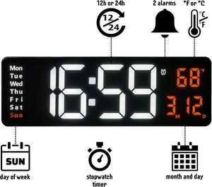 Multi-functional Large LED Display Brightness Adjustable Alarm LED Clock <b>Digital</b> Wall Clock Home Decor Office <b>Digital</b> Wall Clock - Product Image 2