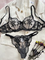 Conjunto de Lencería Sexy con Bordado Floral y Malla Transparente, Cómodo y Sencillo, con Sujetador Push-Up Erótico y Braguitas