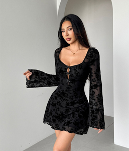 Nuovo Prodotto 2026: Abito Floreale Ricamato in Velluto a Maniche Lunghe con Fiocco sul Retro - Outfit Nero alla Moda per Donna - Product Image 1