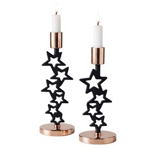 Porte-bougie étoile en fer noir avec base et coupelle en or rose pour la décoration de mariage et de la maison - Product Image 3