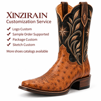 Bottes de cowboy western personnalisées Xinzirain pour homme, aspect d'autruche marron, tige brodée noire, bout carré, talon bloc