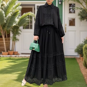 Middle East Muslim Women's Lace Splicing <b>Bubble</b> Sleeve <b>Top</b> Hem Hem Skirt 2 Piece Set Fashion - Product Image 2