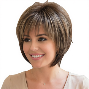 Parrucche Corte HD in Sette Colori con Frangia, Marrone Scuro Misto Biondo per Donne, Fibra Sintetica Liscia Senza Pizzo, Personalizzabile - Product Image 1