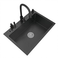 Évier de cuisine moderne carré à cuve unique, fait main, en nano, avec porte-couteaux, épaisseur 3 mm, trois trous, noir poli, vente chaude 2026