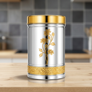Modern Luxury Metal Spice Container Round Airtight <b>Food</b> Storage <b>Jar</b> with Gold Floral Design Polished Finish - Product Image 6