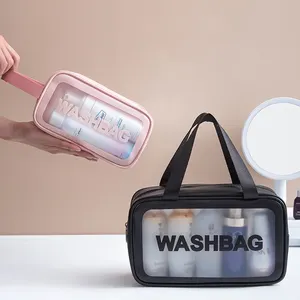 Bolsas de plástico transparente para cosméticos, bolsa de artículos de tocador de pvc transparente para viaje, bolsa de maquillaje con cordón