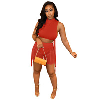 Set atasan dan celana pendek wanita berbahan mesh sheer tanpa lengan, model lace-up, dengan celana dalam aman.