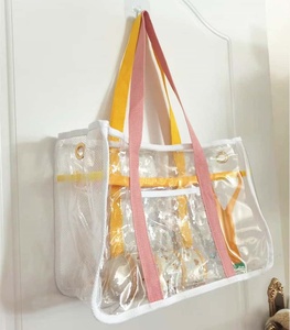 Mesh Tote <b>Bag</b> with for Handles and Yellow Trim Open Top Zipper Closure Striped Pattern <b>Medium</b> <b>Size</b> Unisex Beach Accessory - Product Image 2