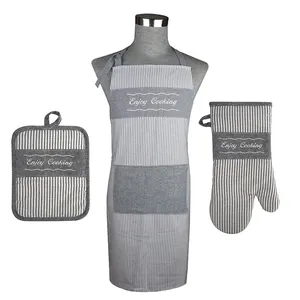 高品质厨房亚麻围裙套装包括锅架和烤箱手套与厨房棉围裙3件套