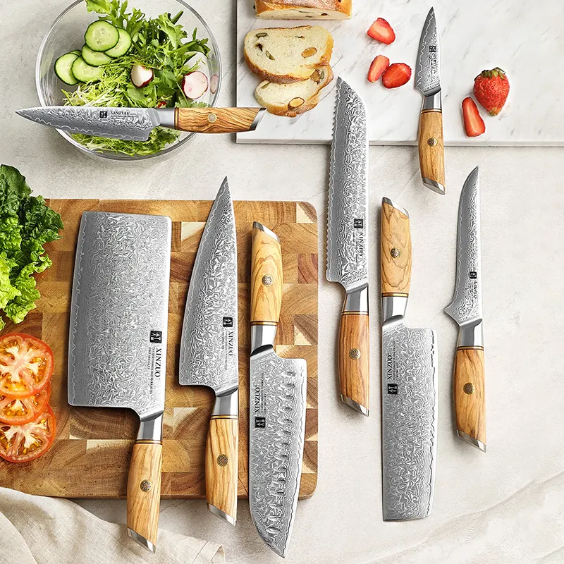 XINZUO Couteau de chef de cuisine damas japonais de haute qualité Ensemble de couteaux tranchants en bois d'olivier en acier poudré