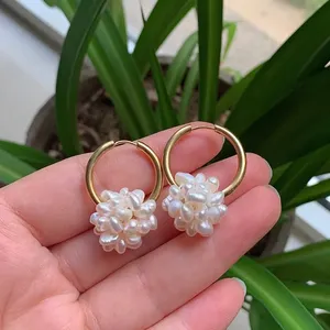 Fashion Hoop <strong>Earrings</strong> <strong>Cluster</strong> Flower Ball Drop Natural Freshwater Pearl Ear Loop <strong>Earring</strong> for Women Wedding Party - Product Image 3
