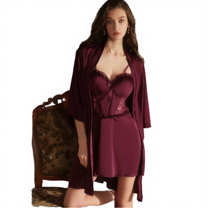 Women's Romantic Backless Silky Satin Nightdress Robe Set XK5416 with Sweet Lace Deep V Breathable Elastic Waist Knee Length - Product Image 4