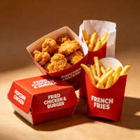 Ensemble d'emballages personnalisables en carton ondulé pour restauration rapide : Boîte à burger, Boîte à poulet frit, Sac à frites, avec revêtement UV et gaufrage