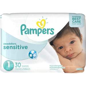 Pañales Swaddlers Sensitive 100% al por Mayor, Talla 1, Paquete Jumbo de 30 Unidades, Hipoalergénicos, Blancos, Tela No Tejida - Product Image 1