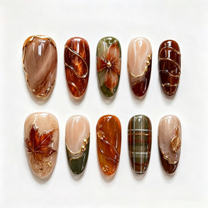 Uñas postizas de almendra para otoño/invierno, 30 piezas, con diseño 3D de flores degradadas, efecto manchado, cuadros y lámina dorada, para manicura DIY moderna. - Product Image 1