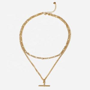 펑크 힙합 14K 골드 스테인레스 스틸 쥬얼리 커브 쿠바 피가로 체인 더블 레이어 Chocker T 모양의 펜던트 목걸이 - Product Image 5