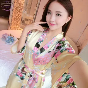 Pyjamas en soie glacée femmes décontracté taille élastique printemps automne mince soie chemise de nuit peignoir été Kimono <span class=keywords><strong>Yukata</strong></span> vêtements de détente - Product Image 4