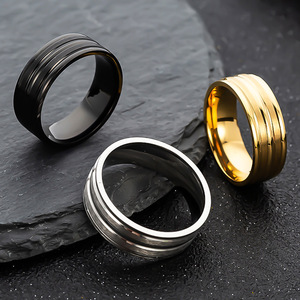 Anello Minimalista da Uomo in Acciaio Inossidabile Larghezza 8mm, Finitura Spazzolata e Lucida con 3 Scanalature Parallele, Gioiello per Uso Quotidiano e Regalo Aziendale - Product Image 3