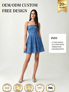Mini Abito Tubino Blu all'Uncinetto con Motivo Circolare, Scollo a Cuore, Vestibilità Slim, Senza Colletto, Stile Vintage, per Uso Quotidiano da Donna - Vendita all'Ingrosso - Product Image 1