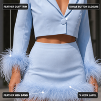 Ensemble blazer court à manches longues et bordure en plumes bleu ciel, et mini-jupe moulante à bouton unique pour femme, idéal pour les soirées et clubs.