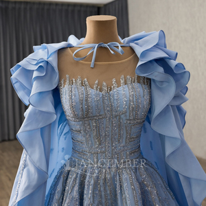Robe de soirée bleue RSM251071 à sequins et strass, col cœur, avec cape détachable, dos lacé, personnalisable, drapée et froncée - Product Image 6