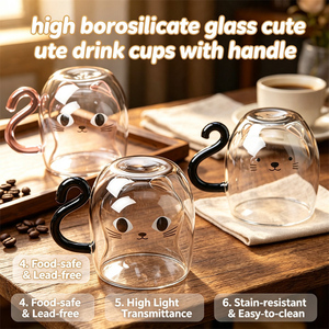 Accessoires pour boissons : Tasses à café, thé, lait en <span class=keywords><strong>verre</strong></span> borosilicate à double paroi, avec poignée en forme <span class=keywords><strong>de</strong></span> <span class=keywords><strong>queue</strong></span> <span class=keywords><strong>de</strong></span> chat mignonne, résistantes à la chaleur et isolées - Product Image 4