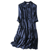 Qualité supérieure manches longues genou longueur 100% robe en soie bouton Up femmes mûrier Satin soie robe