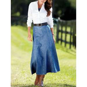 Jupe longue en jean grande taille bleu indigo en coton couleur unie micro-élastique pour femme style Europe Amérique - Product Image 5