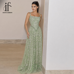 <span class=keywords><strong>Robe</strong></span> de soirée personnalisée pour femme en tulle brodé vert sauge, coupe trapèze, bretelles spaghetti, longueur ras du sol, <span class=keywords><strong>robe</strong></span> de bal formelle - Product Image 1