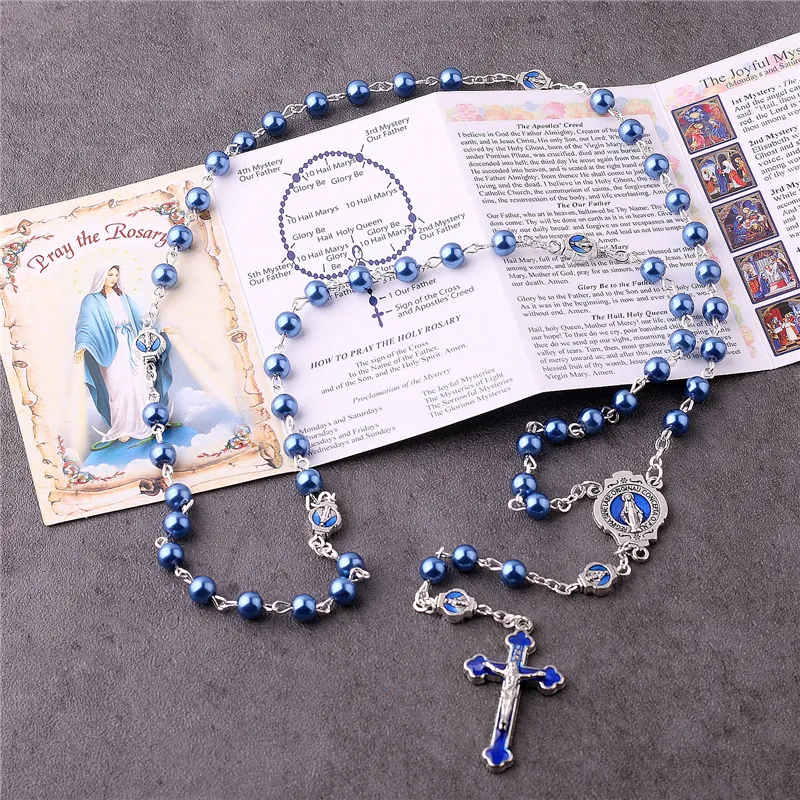 2022 nuovi articoli di gioielli religiosi personalizzati catena della vergine maria cattolica Rosario 6mm perle di vetro blu perle Rosario collane da donna