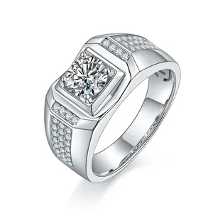 西式珠宝男士圆形切割硅石结婚戒指925纯银男士戒指2cttw D彩色VVS1
