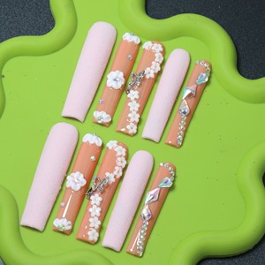Uñas postizas de lujo acrílicas hechas a mano con diseño de estrellas y mariposas, puntas francesas, cobertura completa, estilo ataúd, cuadradas, al por mayor - Product Image 2