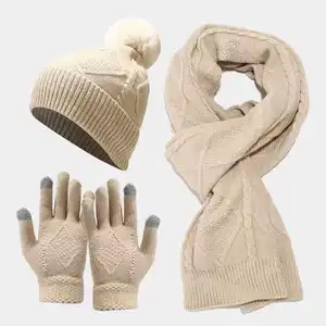 3 PCS Warm Scarf Glove Hat Beanie Set Winter Knit Pom Hats Touch Screen Gloves Long Scarf Set
