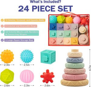 EPT Set di 20 Blocchi Impilabili in Gomma Morbida, Palline da Dentizione, Giocattoli Sensoriali Montessori per l'Apprendimento Precoce dei Bambini da 6 a 12 Mesi - Product Image 3