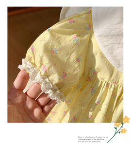2025 estate abito Casual <span class=keywords><strong>da</strong></span> ragazza coreano in cotone floreale con rifiniture a girocollo maniche corte Color Block stile <span class=keywords><strong>principessa</strong></span> per bambini - Product Image 3