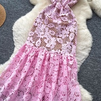 Robe décontractée pour femme WIWT, rose, à bretelles spaghetti, en dentelle ajourée, coupe trapèze, élégante, à fleurs, en crochet, longueur midi, pour tous les jours et les vacances