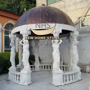 Gazebo de jardim em pedra natural branca esculpida à mão na China, estátua de mármore redonda para jardim, coluna em mármore