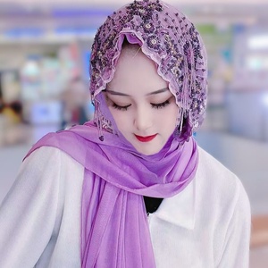 Voile islamique haut de gamme 2026 à pampilles perlées - Châle foulard en mousseline de soie à dentelle florale artisanale - Product Image 6