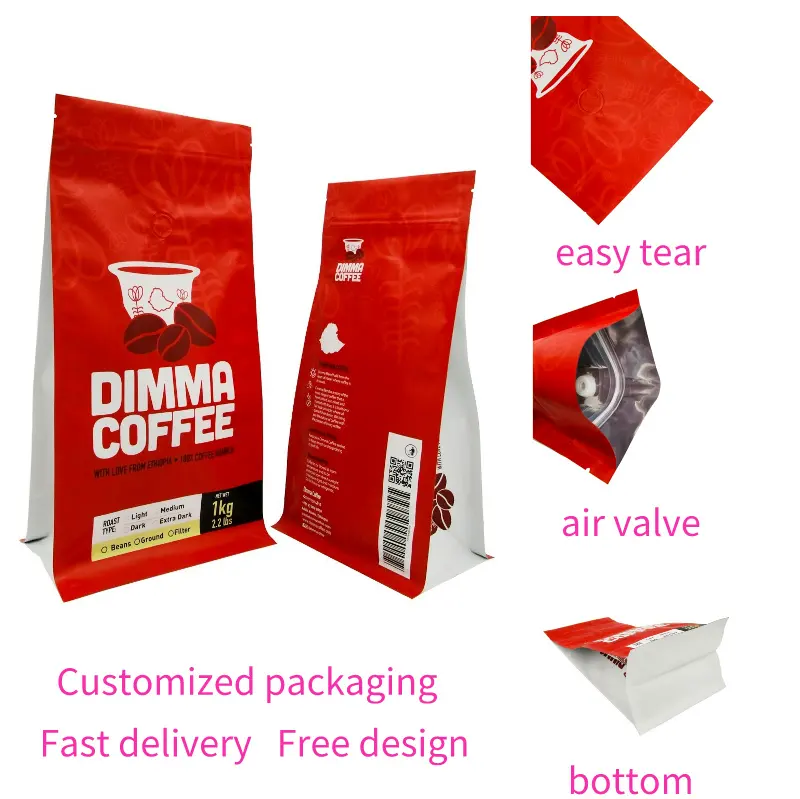 Custom Printed Aluminum Foil 250g 500g 1kg Coffee Wholesale Packaging With Valve Eight Side Seal Flat Bottom Bags