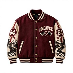 <b>Men's</b> Maroon <b>Cream</b> <b>Jacket</b> Baseball Letterman <b>Jacket</b> Wool Body Leather Sleeves Embroidered Design Team Bomber <b>Jacket</b> - Product Image 1