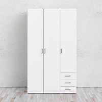 Armoire moderne en MDF blanc à 3 portes avec 3 tiroirs, tringle à vêtements, étagères réglables, fermeture douce, rangement durable pour chambre à coucher