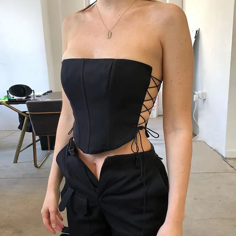 2022 Y2K Fashion Black Sexy Sleeveless Off Shoulder Crop Top Corset Strapless Tube Top Lace Up Bustier Top Women